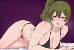 :o armpit_crease aroused bikini black_bikini blush breasts breath collarbone female green_hair high_side_ponytail in_heat large_breasts looking_to_the_side lying navel on_side open_mouth purple_background purple_eyes raised_eyebrows saliva shibacat13 solo sousou_no_frieren stomach swimsuit thighs ubel_(sousou_no_frieren)