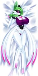 2025 absurd_res big_breasts bimboaudino black_body blush breasts camel_toe clothed clothing female future_pokemon generation_9_pokemon genital_outline green_body green_hair hair hi_res humanoid iron_valiant looking_at_viewer lying mouthless multicolored_body nintendo on_back paradox_pokemon pokemon pokemon_(species) purple_clothing purple_eyes purple_thong purple_topwear purple_underwear skimpy solo thong topwear underwear vulva_outline white_body white_clothing white_thong white_underwear wide_hips
