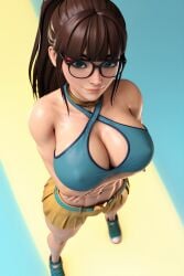 1girls abs ai ai_generated big_ass big_breasts brown_hair brown_hair cleavage cleavage_cutout criss-cross_halter glasses halter_top halterneck madz(oc) muscular muscular_female pleated_skirt ponytail preview radnsad short_skirt simple_background skirt sneakers solo solo_female solo_focus thick_ass thick_legs thick_thighs wallpaper