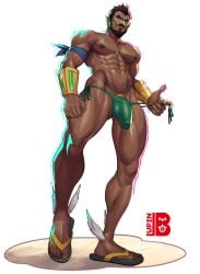 1boy abs bara beard bracer cock_ring commentary dark-skinned_male dark_skin earrings english_commentary face_piercing facial_hair full_beard highres jewelry large_pectorals lupin_barnabi male male_focus male_only male_swimwear marvel marvel_rivals marvel_rivals_style moustache muscular muscular_male namor navel nipple_piercing nipples nose_piercing pectorals penis penis_peek piercing pointy_ears sandals sex_toy short_hair simple_background smooth_skin smooth_skinned_male solo solo_male tan tanlines thighs topless_male variant_set yaoi
