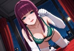 ai_generated all_fours bed bedroom blue_eyes blush castlevania castlevania:_portrait_of_ruin elbow_gloves female female_only green_bra green_panties indoors licking_lips lingerie looking_at_viewer loretta_lecarde medium_breasts night pale-skinned_female paw_pose purple_hair thighhighs tongue white_elbow_gloves white_thighhighs