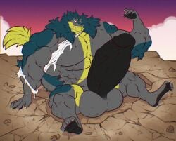 abs anthro balls big_balls big_bulge big_penis brom_(sahurus) bulge claws clothing cracked_ground erection fangs fur genitals green_body green_fur grey_body grey_fur growth hi_res huge_balls huge_cock hyper hyper_balls hyper_genitalia hyper_penis male muscle_growth muscular paws penis rackun red_eyes sergal sitting smile solo tail tail_tuft teeth thick_penis torn_clothing tuft yellow_body yellow_fur