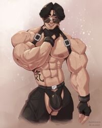 1boy abs artist_name bara bulge dated male male_focus male_only muscular muscular_arms muscular_chest muscular_male nipples pecs pectorals shirtless solo solo_male sunglasses tattoo text thighs topless topless_male wardgaya
