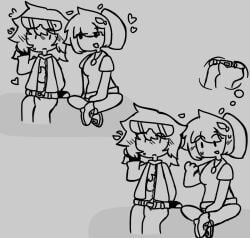 bad_anatomy before_sex bfb bfdi boner_in_pants firey_(bfdi) fully_clothed gijinka leafy_(bfdi) osc staring_at_breasts staring_at_penis suprised_expression uncolored
