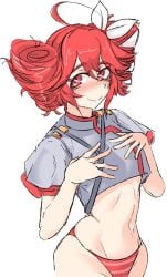 1girls 2d 2d_(artwork) ahoge alternate_version_available artist_request belly bikini bikini_bottom blush blushing breasts crop_top cropped_jacket female female_only hair_ornament hairbow hands_on_breasts kasane_teto kasane_teto_(sv) navel red_eyes red_hair slim_girl slim_waist small_breasts small_waist solo solo_female striped_bikini synthesizer_v twin_drills utau white_background wide_hips