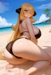 1girls 2d ai_generated ass barefeet beach big_ass big_breasts bikini blonde_hair breasts cynthia_(pokemon) erophoenix feet female female_focus full_body long_hair looking_at_viewer looking_back milf nintendo nude older_woman pale_skinned_female patreon_username pokemon pokemon_dppt smile soles solo solo_female sweat swimsuit thick thick_thighs toes uncensored voluptuous