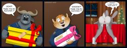 absurd_res alcohol anthro anus ass benjamin_clawhauser beverage bodily_fluids buffalo champagne chief_bogo christmas christmas_tree container cum cum_in_ass cum_inside cup disney english_text furniture furry genital_fluids genitals gift hi_res holidays juanonyx judy_hopps lagomorph leporid mammal merry_christmas nude officer plant pussy rabbit table text tree vulva zootopia