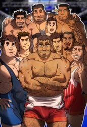 10boys 6+boys age_difference bara bulge bulge_through_clothing dilf gay height_difference male male_only outfit size_difference sweat sweatdrop sweating sweaty_body unspoken_(firebreath110) wrestler wrestling_outfit