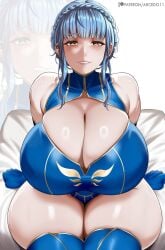 arcedo artoria_pendragon bare_shoulders big_ass big_breasts big_breasts big_butt blue_gloves blue_hair blue_thighhighs brown_eyes cleavage cosplay costume fate/grand_order fate_(series) fire_emblem fire_emblem:_three_houses huge_ass huge_breasts huge_breasts huge_butt marianne_von_edmund smiling smiling_at_viewer thick_thighs