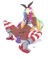 1boy anal anal_object_insertion balls blonde_hair condom condom_on_penis cosplay crop_top crossdressing dark_skin dark_skinned_male dildo elbow_gloves erection gloves high_heels long_hair male male_focus multicolored_hair nipples object_insertion otoko_no_ko penis sailor_collar sex_toy shimakaze-kun shimakaze_(kantai_collection) shimakaze_(kantai_collection)_(cosplay) sleeveless spread_legs streaked_hair striped testicles thighhighs uncensored