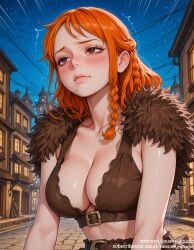ai_generated bangs bare_shoulders belt blush bra braid breasts brown_belt brown_eyes building clavicle cleavage closed_mouth clothing cloud collarbone crop_top day elbaf eyebrows eyelashes female female_only fur_trim house indoors jewelry jousneystudio large_breasts lips medium_breasts medium_hair midriff nami_(one_piece) navel night night_sky one_piece one_piece:_elbaf_arc open_clothes orange_eyes orange_hair outdoors shirt shounen_jump sky sleeveless solo star_(sky) starry_sky sweat trembling underwear upper_body window