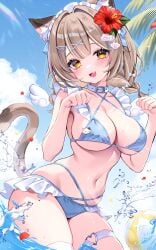 :d bikini blue_bikini blush braids cat_ears cat_tail catgirl fang flower_in_hair hair_ornament large_breasts medium_hair mole_on_breast partially_submerged paw_pose signature yellow_eyes