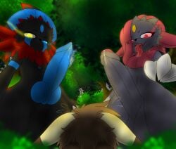 anthro blue_penis bodily_fluids claws drooling erection female foreskin forest forest_background generation_1_pokemon generation_4_pokemon genital_fluids genitals gia_(ninjawithashovel) glowing glowing_eyes hi_res hybrid_pokemon knot knotted_penis leaking_precum looming looming_over looming_penis lusterblaze luxray male male/female manya_(dorkusprimearts) nature nature_background nintendo nude penis pikachu plant pokemon pokemon_(species) precum riolu saliva sweat sweatdrop tongue tongue_out tree weavile