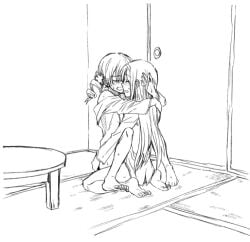 2girls akemi_homura barefoot black_and_white blush closed_eyes drill_hair female female/female female_only greyscale hug lesbian lesbian_sex long_hair mahou_shoujo_madoka_magica monochrome multiple_girls no_color tomoe_mami twin_drills twintails yuri