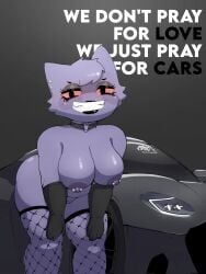 anthro arm_gloves black_car black_lipstick breasts car eyeshadow fishnet_legwear fishnet_stockings fishnet_thighhighs fishnets gengar gloves large_breasts nipple_piercing pokemon pussy red_sclera sanygtr sports_car