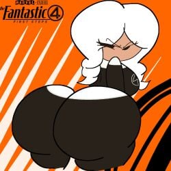 afterdarkcircus angry_expression angry_face ass_focus black_pants black_shirt black_skin brown_eyebrows brown_eyes brown_eyes_female circle curled_hair curvaceous curvaceous_figure curvy_female fantastic_four fantastic_four:_first_steps female food_porn invisible_woman little_caesars marvel movie movie_reference no_mouth orange_background pizza_box solo solo_female solo_focus white_hair white_shirt_collar white_spikes