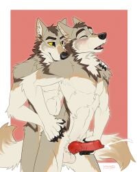 4:5 anal_orgasm anthro anthro_on_anthro anthro_penetrated anthro_penetrating anthro_penetrating_anthro arm_tuft bodily_fluids border brown_markings canid canine cheek_tuft closed_eyes cum cumshot duo ejaculation elbow_tuft erection facial_tuft fangs fur genital_fluids genitals grey_body grey_fur hands-free hi_res knot male male/male male_penetrated male_penetrating male_penetrating_male mammal markings neck_tuft nude open_mouth orgasm penetration penis red_background red_penis red_tongue selfcest sex shoulder_tuft simple_background square_crossover standing standing_sex teeth tongue tuft vein veiny_penis white_body white_border white_fur yellow_eyes yookie