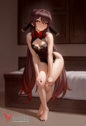1girls 2d ai_generated ass barefeet big_ass breasts cleavage erophoenix feet female female_focus full_body genshin_impact hu_tao_(genshin_impact) long_hair looking_at_viewer orange_eyes patreon_username small_breasts solo solo_female sweat thick thick_thighs toes uncensored