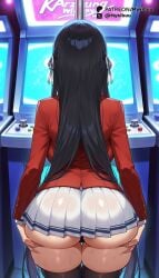 1girls ai_generated ass ass_grab ass_support back backboob black_hair black_panties black_thighhighs blazer breasts classroom_of_the_elite deep_skin facing_away from_behind grabbing_own_ass hair_ribbon horikita_suzune indoors jacket large_breasts long_hair long_sleeves miniskirt mykibuu panties playing_games pleated_skirt red_jacket ribbon school_uniform skirt solo standing sweat thick_thighs thigh_gap thighhighs thighs underbutt underwear very_long_hair video_game white_ribbon white_skirt