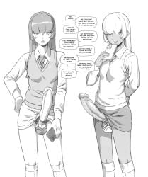 2boys ball_bra balls big_penis bully bullying clothing english_text erect_penis erection femboy gay hung_trap light-skinned_male light_skin looking_at_viewer male male_only monochrome penis school_uniform skirt sulcate testicles text trap yaoi
