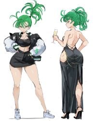 1girls alternate_ass_size alternate_costume alternate_hairstyle ass back back_view backless_outfit bangs bare_shoulders big_ass bottom_heavy breasts clothing collarbone crop_top curly_hair curvy dress drink earrings eyelashes female female_focus female_only from_behind full_body green_eyes green_hair hand_on_hip high_heels highres hips holding_object human jacket jewelry large_ass letterman_jacket long_hair long_legs long_sleeves looking_at_viewer looking_back midriff miniskirt necklace official_alternate_hairstyle one-punch_man open_mouth petite pinup ponytail rakeemspoon revealing_clothes shiny_skin shoes simple_background skimpy skirt small_breasts sneakers solo solo_female tatsumaki thick_thighs thigh_cutout thighs tied_hair tubetop white_background wide_hips