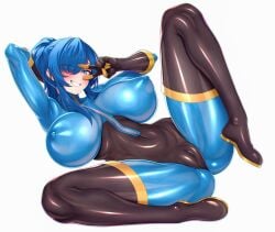 :d absurdres black_boots black_gloves blu_pyro_(tf2) blue_bodysuit blue_eyes blue_hair bodysuit boots breasts breasts_apart cameltoe commission covered_navel covered_nipples female fempyro full_body genderswap_(otf) gloves grin hair_over_one_eye highres huge_breasts impossible_clothes large_breasts latex latex_bodysuit long_hair looking_at_viewer ponytail pyro pyro_(tf2) rule_63 simple_background skin_tight smile solo spread_legs team_fortress_2 teeth thigh_boots thore_(nathalukpol) v white_background zipper zipper_pull_tab