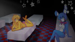 2girls android animatronic anthro bear_girl big_breasts blue_body blue_fur blue_hair blue_skin bonnie_(fnaf) bonnie_(fnia) bow bowtie breasts bunny_ears bunny_girl bunny_tail bunnygirl camera camera_view chica_(fnaf) chica_(fnia) chicken_girl cleavage featureless_breasts female female_only five_nights_at_freddy's five_nights_in_anime five_nights_in_anime_rebooted fnaf fnia freckles freckles_on_face furry gameplay_mechanics green_eyes huge_breasts laying_down legs_crossed multiple_girls no_nipples open_mouth pose posing rabbit rabbit_girl red_panties red_thong ribbon robot robot_girl robot_humanoid seductive sitting stage thighs thong toy_bonnie_(fnaf) toy_bonnie_(fnia) toy_chica_(fnaf) white_body white_fur white_skin yellow_body yellow_hair yellow_skinned_female