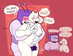 belly_grab bite_marks biting biting_shoulder breast_grab chubby_female cl0ckability cum_drip deltarune digital_media_(artwork) fangs milf older_female older_male straight stretch_marks tenna_(deltarune) thigh_sex toriel tv_head undertale