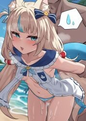 1boy ahoge animal_ears beach bikini black_bow blonde_hair blue_eyes blue_hair blue_sky blush bow censored collarbone commentary_request cum cum_in_pussy cum_on_body cum_on_legs ejaculation female hairbow hashira_14 highres indie_virtual_youtuber long_hair mosaic_censoring multicolored_hair navel outdoors sameko_saba sex sex_from_behind sky solo_focus spoken_sweatdrop standing stomach straight streaked_hair striped_bikini striped_clothes sweatdrop swimsuit thighs variant_set virtual_youtuber water