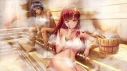 2girls bangs beauty_mark big_breasts black_female black_hair blue_eyes breasts bucket completely_nude completely_nude_female convenient_censoring dark-skinned_female dark_hair european_female eva_tamm female game_cg gyaru headband human inescapable:_no_rules,_no_rescue long_hair lumi_ndiaye mole mole_under_eye multicolored_hair nails nude nude_female official_art pov purple_hair red_hair sauna short_hair smile smoke star-shaped_pupils steam sweat symbol-shaped_pupils tagme tan_body teeth water wristband