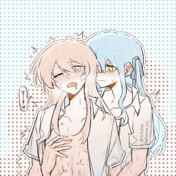 2girls aliveone_orz bang_dream! bang_dream!_it's_mygo!!!!! black_ribbon blue_hair chihaya_anon collared_shirt commentary_request dotted_background female fingering grabbing_another's_breast grabbing_from_behind grey_eyes groping hair_ribbon hickey implied_fingering long_hair multiple_girls oerba_yun_fang one_eye_closed open_clothes open_mouth open_shirt pink_hair reach-around ribbon saliva shirt short_sleeves skin_fang sweat togawa_sakiko two_side_up white_shirt yellow_eyes yuri