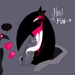 anthro avian beak beak_fetish beak_play beak_sex beakjob big_penis biped bird black_body black_feathers bodily_fluids breath corvid corvus_(genus) crow dialogue eager english_text erection eyelashes feathers female genital_fluids genitals glans head_tuft heart_after_text hood_down humanoid_genitalia humanoid_penis long_neck long_tongue oral oscine passerine penis pepper_(proxicute) pink_sclera precum proxicute saliva saliva_on_penis sex simple_background sloppy_blowjob smile speech_bubble text tongue tuft vein veiny_penis white_eyes white_tongue