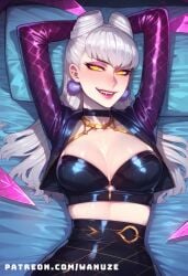 ai_generated arms_behind_head big_ass big_breasts big_butt big_thighs blush evelynn huge_ass huge_breasts huge_butt huge_thighs k/da_all_out_evelynn k/da_all_out_series k/da_series lying wanuze white_hair wide_hips yellow_eyes