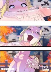 1boy absurdres blonde_hair blonde_pubic_hair completely_nude cum cum_in_mouth deepthroat fellatio female highres kpop_demon_hunters neodibujantee_(7_dolls) nude open_mouth oral penis_awe princess_zelda scene_reference short_hair the_legend_of_zelda the_legend_of_zelda:_tears_of_the_kingdom upper_body