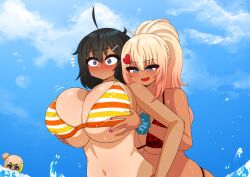 2girls beach big_breasts blush blush breasts breasts_bigger_than_head female_only girl_on_girl groping groping_breasts groping_from_behind himiko_(the_only_shoe) holding_breasts huge_breasts ichii_gou_(the_only_shoe) oc original_characters smug_face tagme tan_skin tanlines the_only_shoe