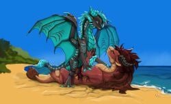beach black_claws blue_body blue_claws blue_eyes blue_fur blue_horn blue_mane blue_membrane blue_penis brown_body brown_fur claws dragon duo erection feral fur genitals green_eyes horn ishiru male male/male mane membrane_(anatomy) membranous_wings mythological_creature mythological_scalie mythology penis scalie wings
