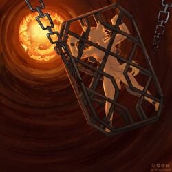 absurd_res anthro balls bondage cage canid canine chained_up chains cuff_(restraint) fox genitals goldy_(goldenfoxythefox) hainequem hi_res imminent_death iron_cuffs lava male mammal metal_cuffs nude penis restraints ritual_sacrifice sacrifice solo tail yellow_body