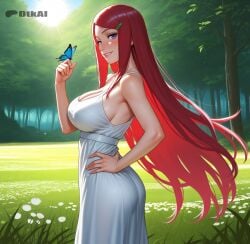 ai_generated big_ass big_breasts butterfly dtkai forest hand_on_hip kushina_uzumaki looking_at_viewer nature outside standing white_dress