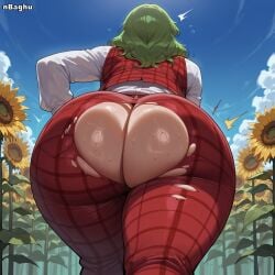 1girls ai_generated ass ass_focus big_ass from_behind green_hair highres huge_ass huge_butt long_hair massive_ass nbaghu pants rear_view red_pants solo solo_female thick_thighs torn_clothes touhou white_shirt yuka_kazami