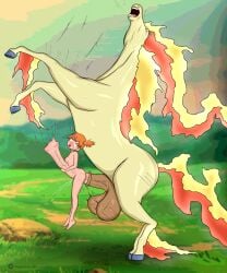 horse horsecock huge_cock hyper_penis hypertron interspecies kasumi_(pokemon) kasumi_(pokemon) painful_penetration penetration penetration_from_behind pokemon pokemon_(species) pokephilia rapidash size_difference stomach_bulge stomach_deformation suspended_on_penis suspension zoophilia