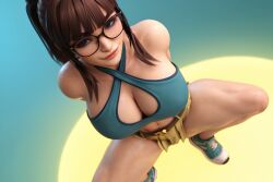 1girls abs ai ai_generated big_ass big_breasts brown_hair brown_hair cleavage cleavage_cutout criss-cross_halter glasses halter_top halterneck madz(oc) muscular muscular_female pleated_skirt ponytail preview radnsad short_skirt simple_background skirt sneakers solo solo_female solo_focus thick_ass thick_legs thick_thighs wallpaper