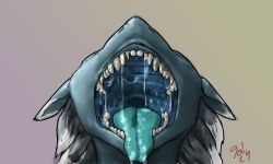 2024 anthro blue_body blue_fur blue_tongue bodily_fluids closed_eyes colored fur gradient_background hi_res jeri_kleinlowe male mouth_shot open_mouth red_text saliva sergal sharp_teeth signature simple_background solo teeth text tongue tongue_out