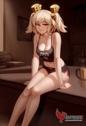 1girls 2d ai_generated ass back bangs bare_shoulders barefoot big_ass big_breasts black_panties blonde_hair burnice_white cleavage dress erophoenix feet female female_focus full_body long_hair looking_at_viewer navel pale_skin pale_skinned_female panties patreon_username red_eyes sitting skirt smile soles solo sports_bra thick thick_thighs toes twintails uncensored underwear zenless_zone_zero