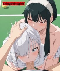 2girls ai_generated anime blowjob breasts_out fellatio female fiona_frost oral oral_sex sex shingekinogirls spy_x_family tenis_outfit wit_studio yor_briar yor_forger
