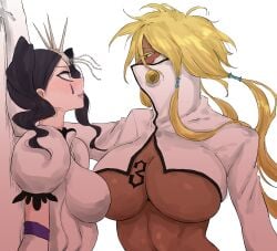 2girls arrancar big_breasts black_hair bleach blonde_hair blush breasts busty cirucci_sanderwicci cirucci_thunderwitch covered_face curvy dark-skinned_female dark_skin espada female female_only kabedon pandacorya skimpy skimpy_clothes tattoo tattoo_on_breast tia_harribel underboob yuri