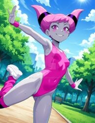 2025 ai_generated black_dot_eyes black_eyebrows cartoon_network dc_comics dc_super_hero_girls dcau deviantart elryusam grey_body grey_skin gym_uniform jinx_(dc) jinx_(teen_titans) looking_at_viewer meta park_background pink_cheeks pink_eyes_female pink_hair_female pink_handwear pink_outfit pink_socks purple_hairband smile_at_viewer smiling_at_viewer teen_titans teeth_showing wet_body wet_clothes wet_skin white_sneakers