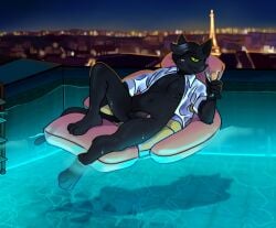 adam_baume_(posspowered) alcohol anthro balls beverage black_body black_hair clothed clothing eiffel_tower felid feline france garbatge genitals green_sclera hair lying male male_only mammal open_clothing open_shirt open_topwear penis pool pool_float shirt solo topwear wet
