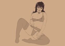 1girls anya_(mouthwashing) black_hair flirting_look garter_belt lace_trim lace_trimmed_lingerie lingerie looking looking_at_viewer mouthwashing mouthwashing_(game) off_shoulder pantyhose sitting solo_female solo_focus thigh_highs thong