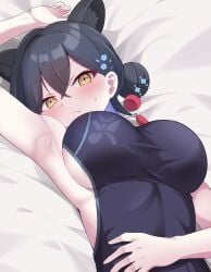 1girls animal_ear_fluff animal_ears armpit armpit_crease armpit_focus armpit_peek armpits black_clothes black_dress black_hair black_hair_female black_outfit black_topwear blue_archive blush blush_face blushing_at_viewer blushing_female blushing_lines breasts busty busty_female busty_girl busty_teen clothes dress elbows eyebrows_visible_through_hair female female_focus female_only fingers hair_between_eyes hair_bun hairless_armpits head_tilt high_resolution high_school_student highres kaguya_urushibara large_breasts lean_figure looking_at_viewer looking_up looking_up_at_viewer lying lying_down lying_on_back lying_on_bed narrow_waist on_back outfit raimu_(clanberry000) school_girl shaved_armpits short_hair shoulders simple_background slender_body slender_waist slim_waist solo teen_girl teenage_girl teenage_tits teenager tilted_head topwear underboob upper_body white_background yellow_eyes yellow_eyes_female young_female young_woman