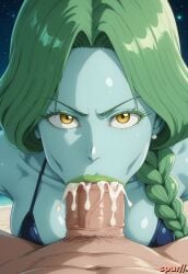 ai_generated alien_humanoid beach bikini blowjob blowjob_face braid braided_ponytail breasts cum cute cute_face dragon_ball dragon_ball_z fellatio female green_hair penis ponytail rule_63 spur//. uncensored yellow_eyes zarbon